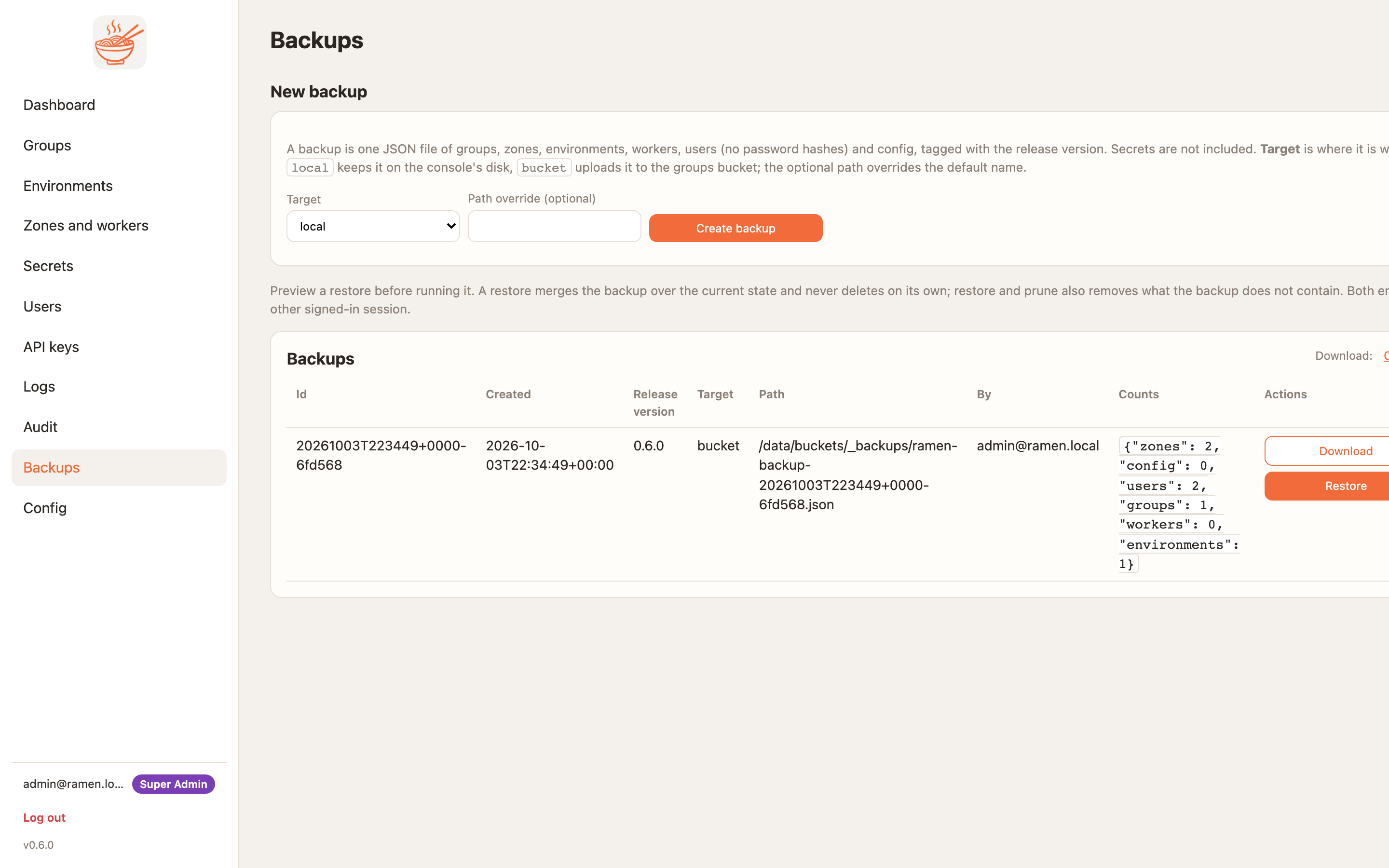 The backups page