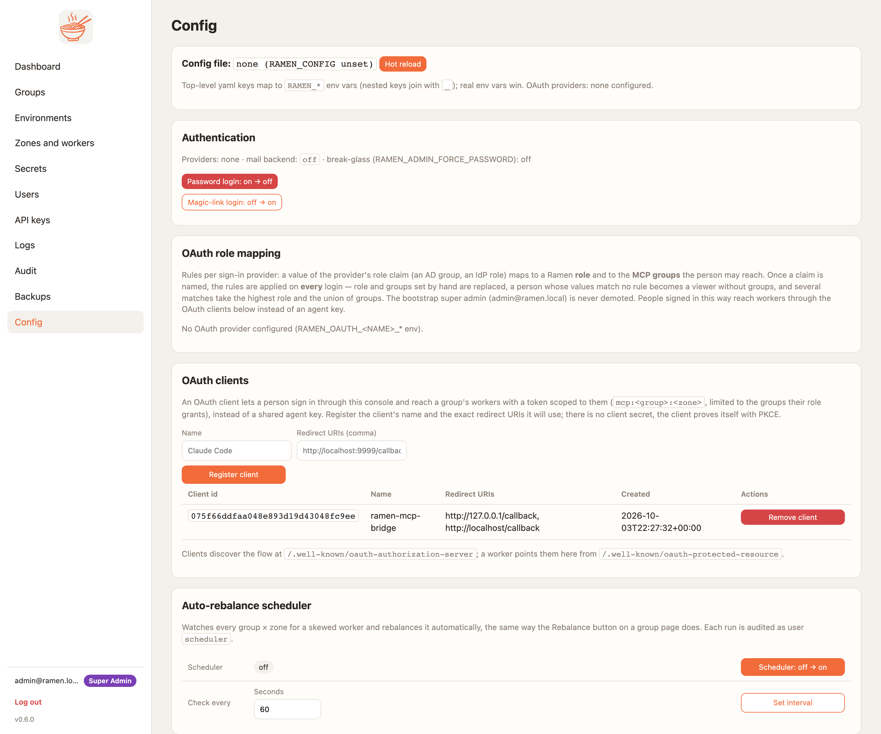 OAuth clients on the config page