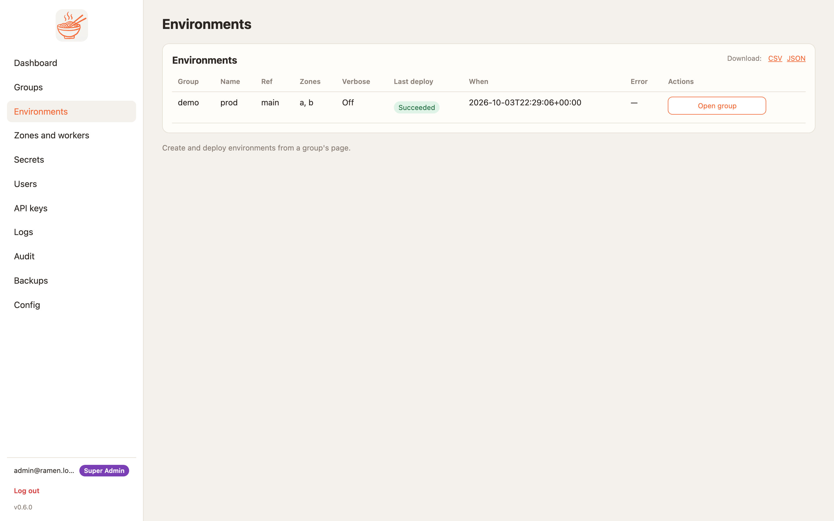 The environments page