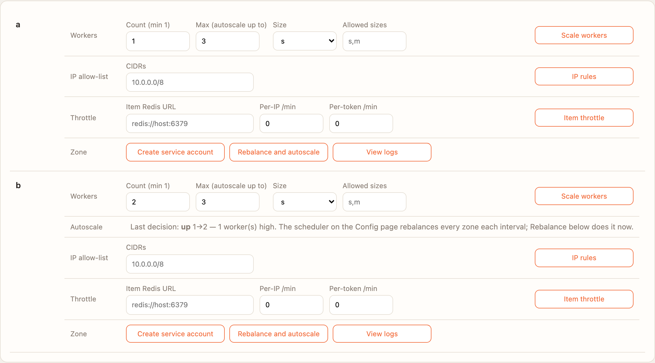 Zone actions with count, max and the last autoscale decision