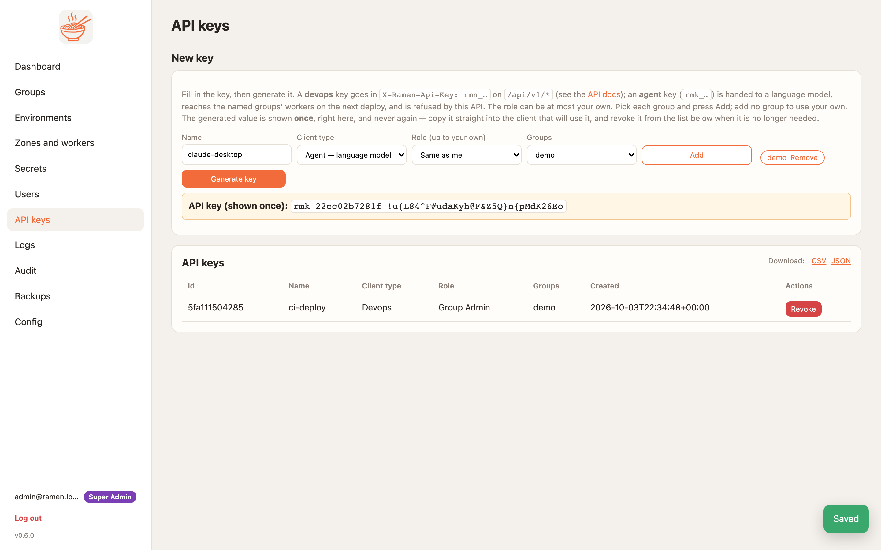 A key shown once