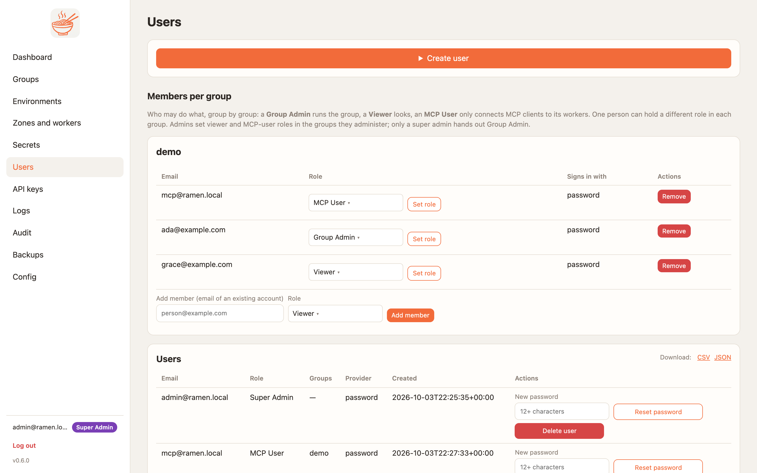 The users page